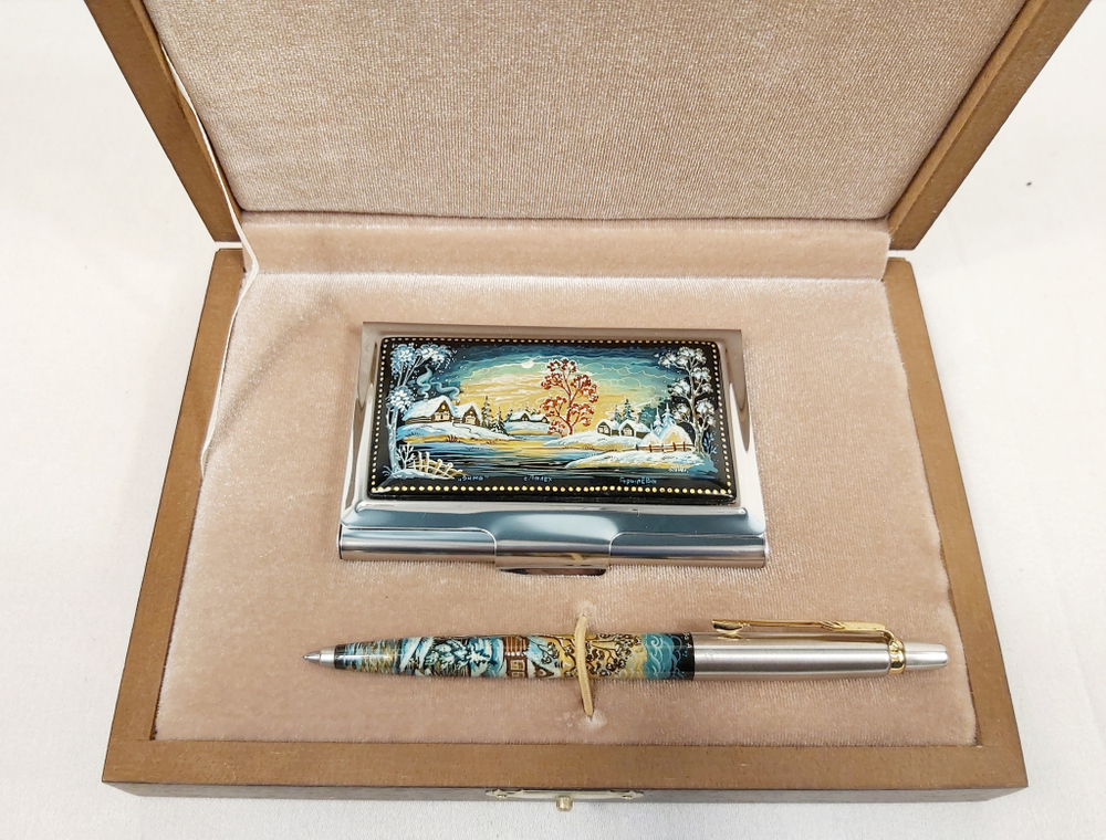 Набор "Деревенька. Зима" визитница и ручка Parker с ручной росписью Палех