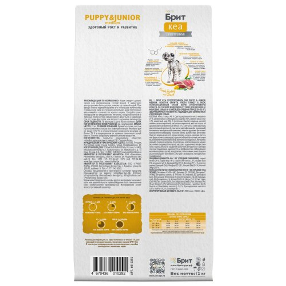 Сухой корм для щенков средних пород Брит BRIT CARE Dog Puppy&Junior Medium Healthy Growth с индейкой и уткой 12 кг