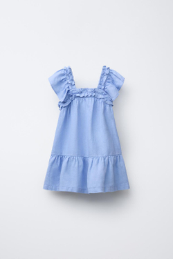 ZARA ПЛАТЬЕ ИЗ 100% ЛЬНА С ВОЛАНАМИ, СИНИЙ