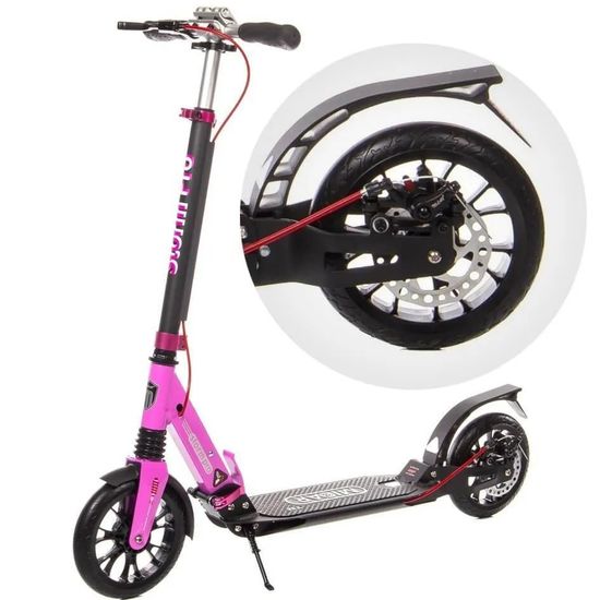 Складной двухколёсный самокат Micar Storm Pro 200 мм с двумя амортизаторами и ручным дисковым тормозом, черно-розовый