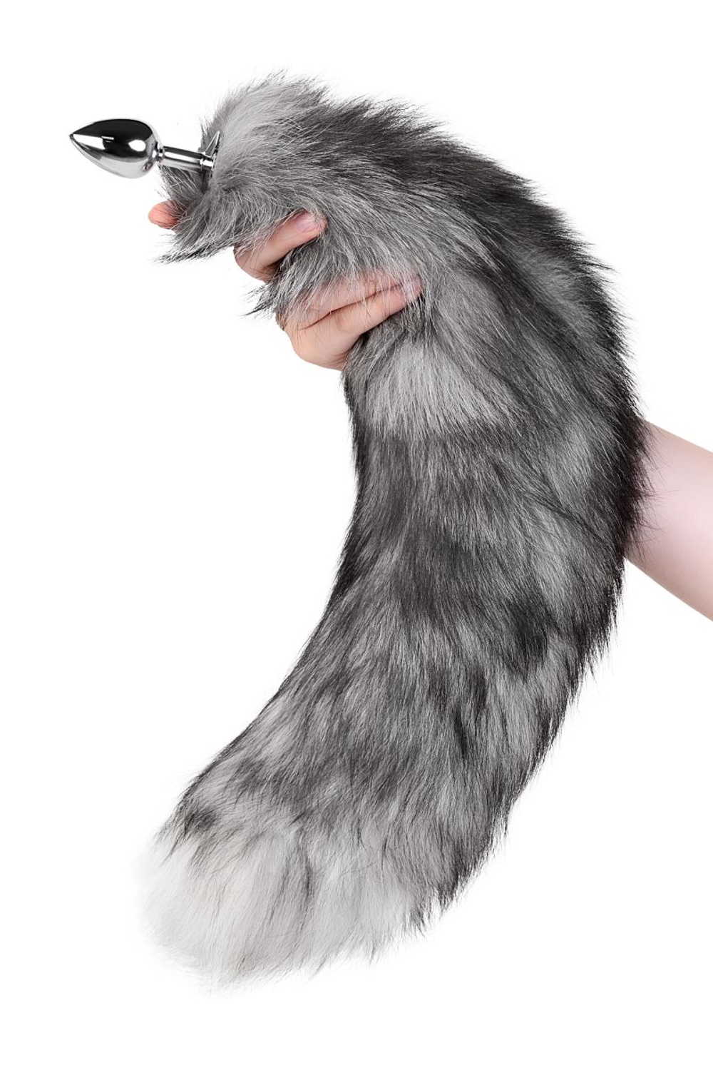 Серебристая металлическая анальная втулка с серым лисьим хвостом (Цвет: серый)