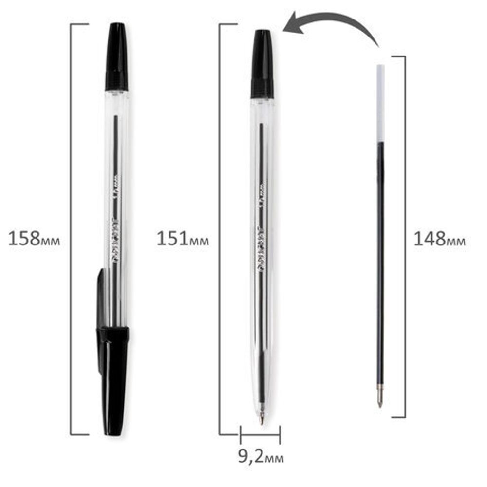 Ручка шариковая ОФИСМАГ "Line", ЧЕРНАЯ, корпус прозрачный, узел 1 мм, линия письма 0,5 мм, 141879