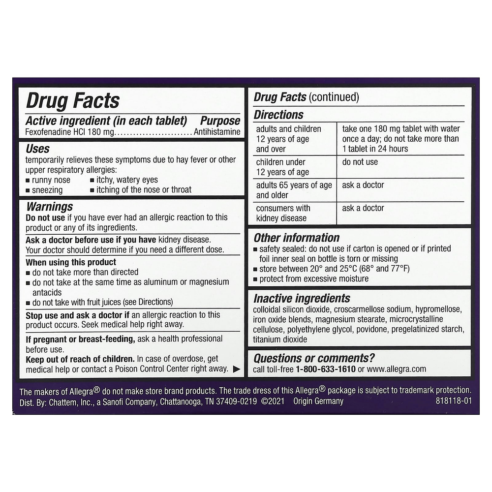 Allegra, Allergy 24 HR, не вызывает сонливость, 180 мг, 40 таблеток