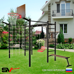 Уличная шведская стенка Sv Sport рукоход с комплектом турник прямой 2шт У5587К (Брусья/Скамья/Со спинкой/Щит баскет/Кронш бокс/Сетка)