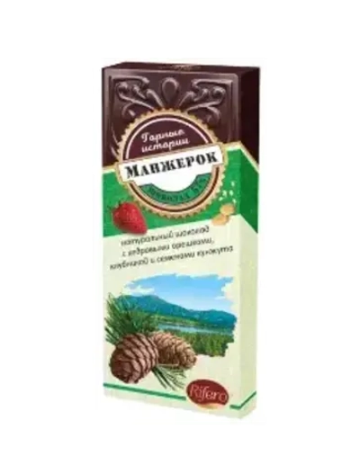 Шоколад темный с ядром кедрового ореха, клубникой и семенами кунжута "Манжерок" "Горные истории". 55гр.