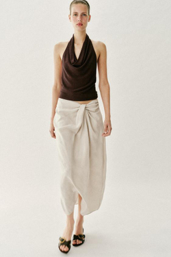 ZARA ЮБКА МИДИ С ДРАПИРОВКОЙ, СВЕТЛО-БЕЖЕВЫЙ