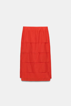 ZARA ЮБКА МИДИ С ВОЛАНАМИ — ZW COLLECTION, ЯРКИЙ КРАСНЫЙ