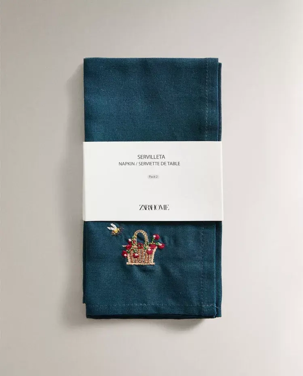 ZARA HOME ХЛОПКОВАЯ САЛФЕТКА С ВЫШИВКОЙ (НАБОР ИЗ 2 ШТ.), СИНИЙ