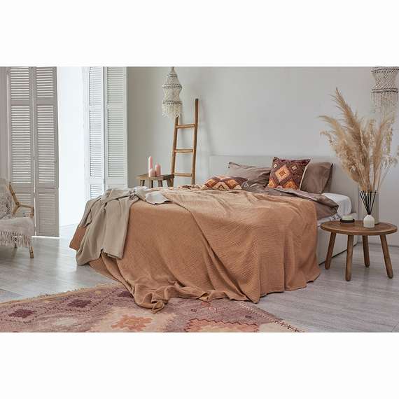 Покрывало двухстороннее из многослойного муслина цвета охры из коллекции essential, 230x250 см