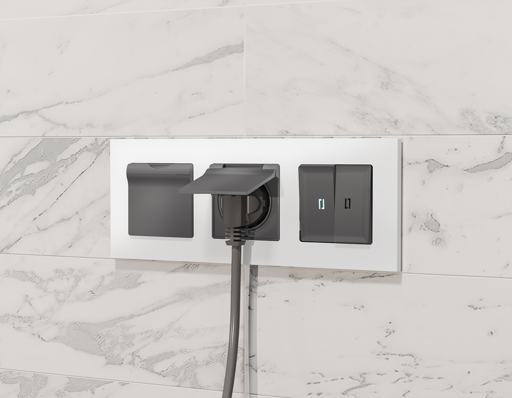 MA908010 Комплект механизма электрической розетки ALFA Графит мягкое касание с/з с шторками и крышкой IP44 QUANT (AP9080, VM141)