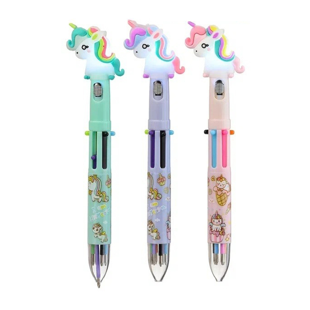 Ручка шариковая, автоматическая, 6в1, Basir, 6-ти цветная, серия "Единорог", с резиновой фигуркой и фонариком, 36 шт