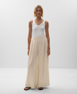 OYSHO Брюки широкие в полоску из 100% льна, светло-бежевый