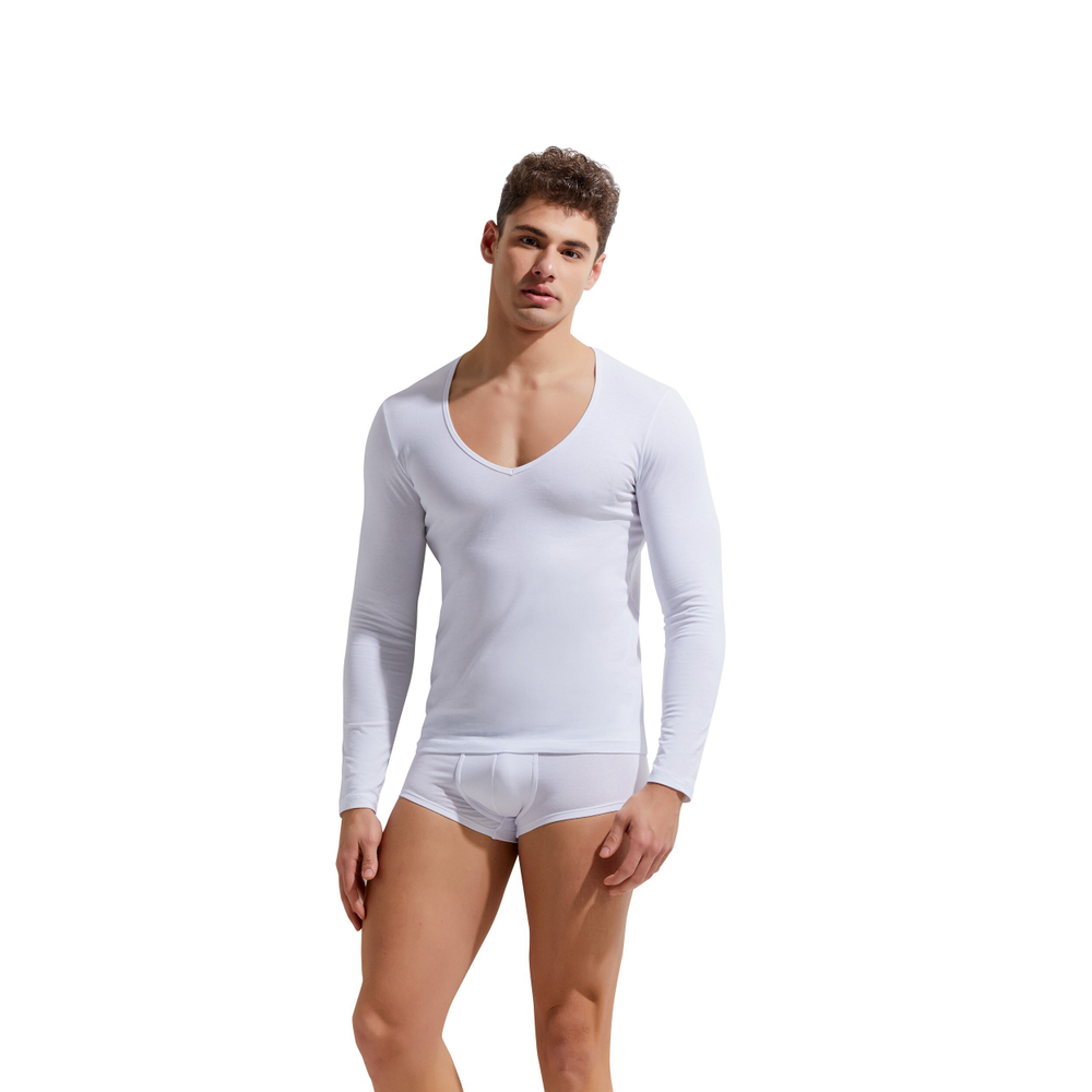 Мужской лонгслив белый с глубоким вырезом GAUVINE 5005