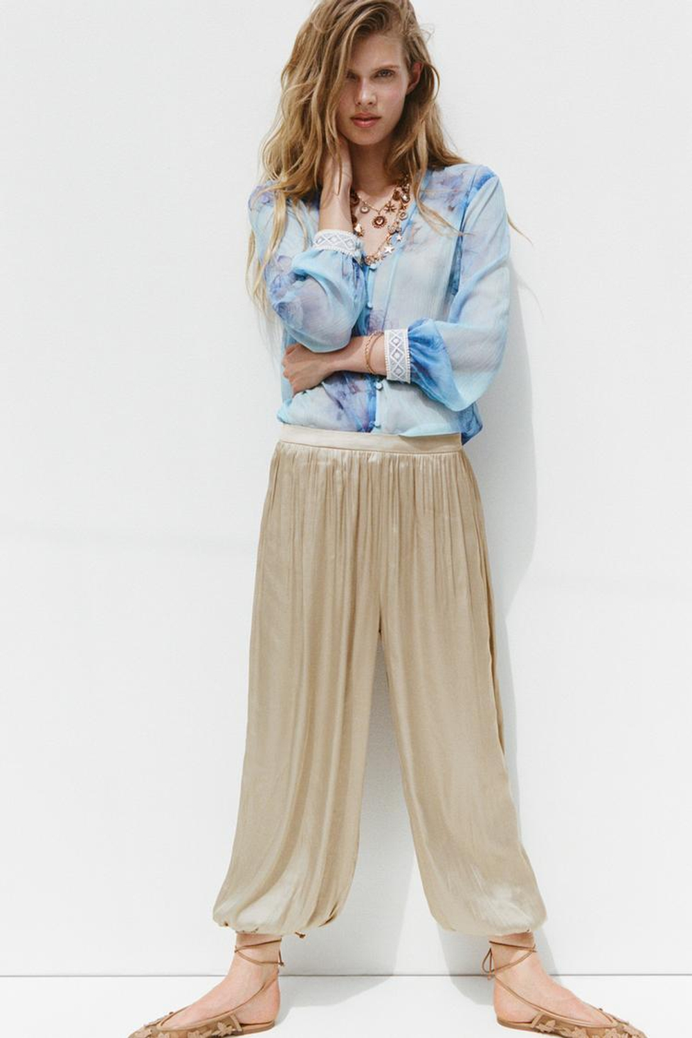 ZARA БЛУЗА С ПРИНТОМ, СИНИЙ/БЕЛЫЙ