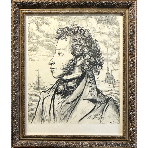 Устинов Е. А. Портрет А. С. Пушкина на фоне Петербурга. Автолитография. 1982 г.