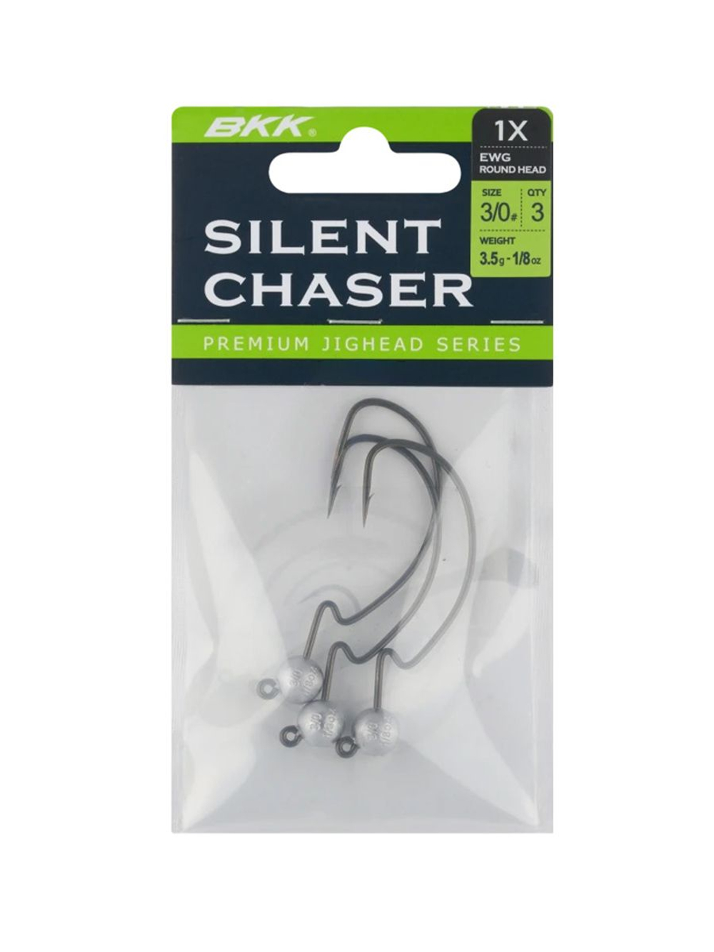 Джиг-головка для рыбалки BKK на офсетном крючке Silent Chaser - 1X - EWG Round Head, размер крючка 1/0, вес 3,5г, 4 шт.