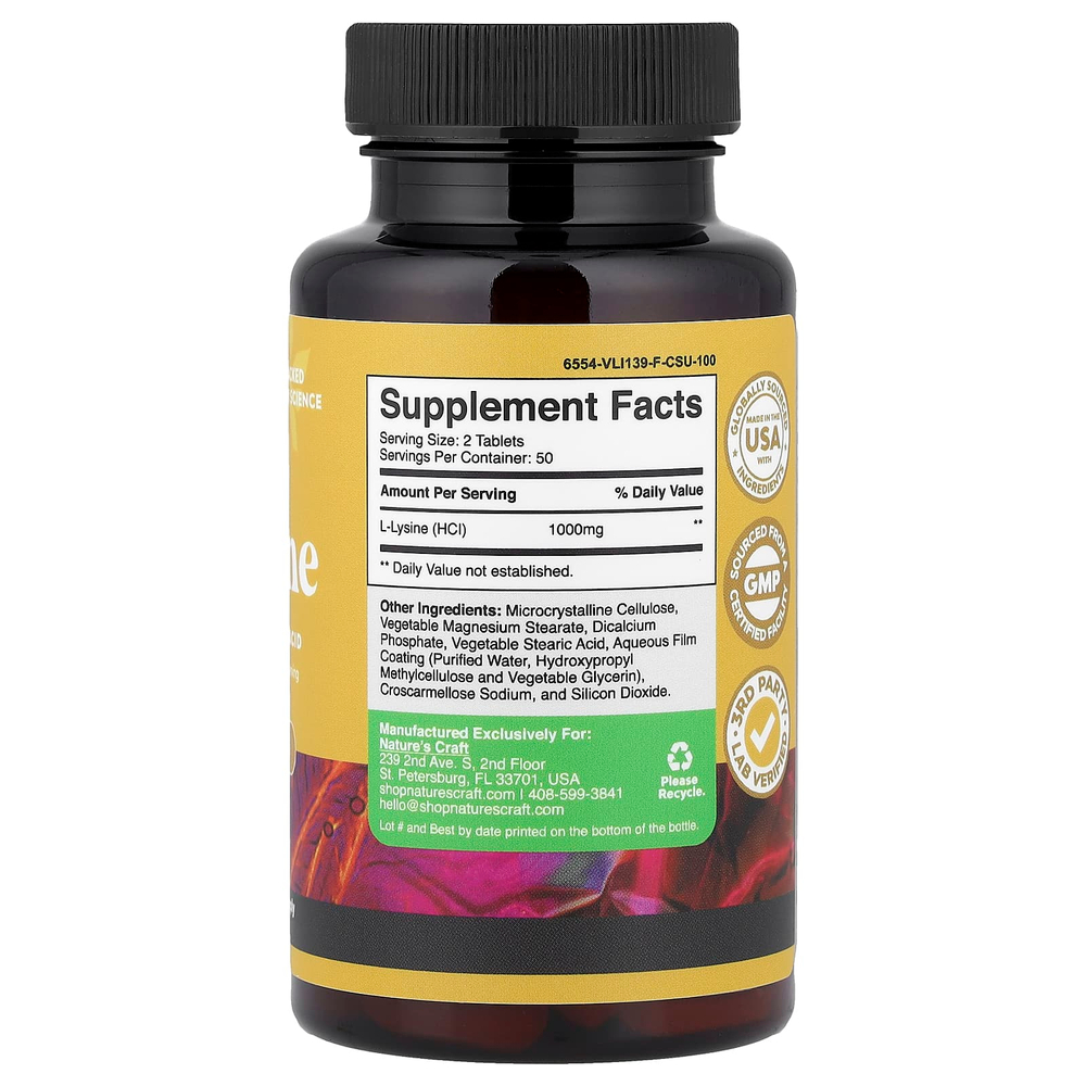 Nature's Craft, L-лизин, 100 таблеток (500 мг в 1 таблетке)