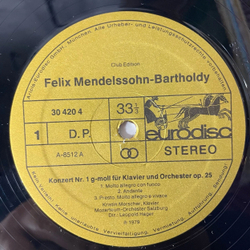 Винтажная виниловая пластинка LP Mendelssohn Мендельсон, Kristin Merscher, Mozarteum-Orchester Salzburg, Leopold Hager Klavierkonzerte Nr. 1 G-moll Op. 25 (Германия 1979)