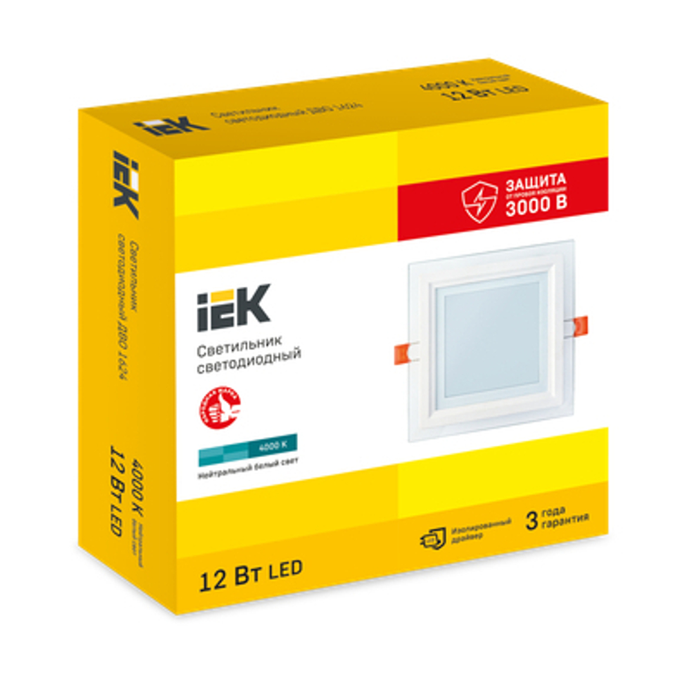 Светильник светодиодный ДВО 1624 со стеклом квадрат 12Вт 4000К IP20 IEK