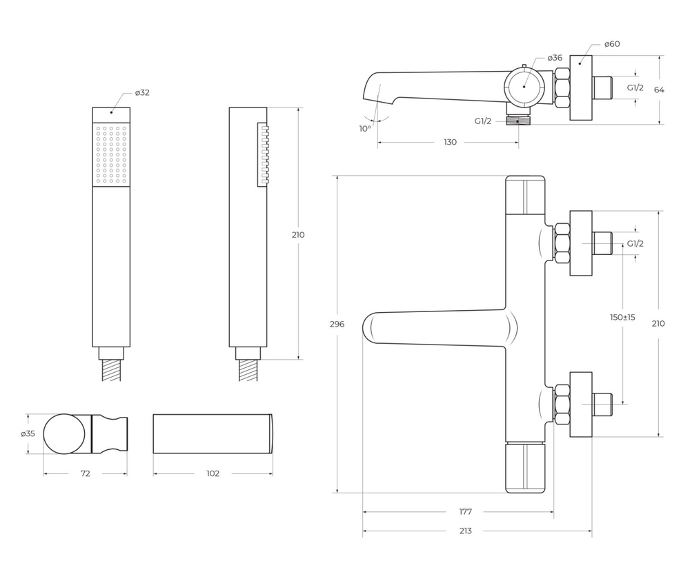 Смеситель для ванны и душа BelBagno UNO-VASM/DFS-CRM в комплекте с ручным душем, шлангом и держателем