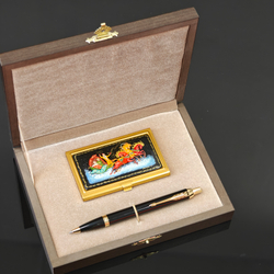 Набор "Палехская тройка" визитница персональная с ручной росписью и ручка Parker