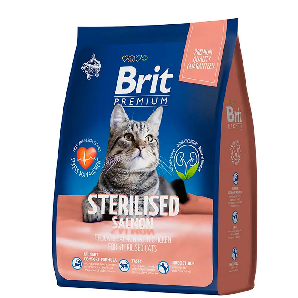 Сухой корм Brit Premium Cat Sterilised с курицей и лососем 2кг, для кастр.кошек 07.2025