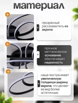 Люстра потолочная светодиодная в зал 3796/800 BK, люстра с пультом 76Вт