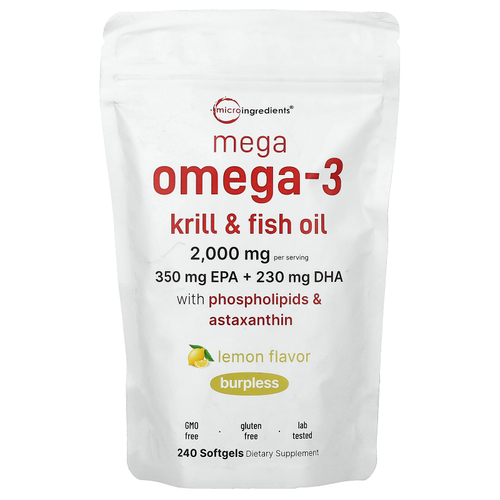 Micro Ingredients, Mega Omega-3, криль и рыбий жир с фосфолипидами и астаксантином, лимон, 240 капсул