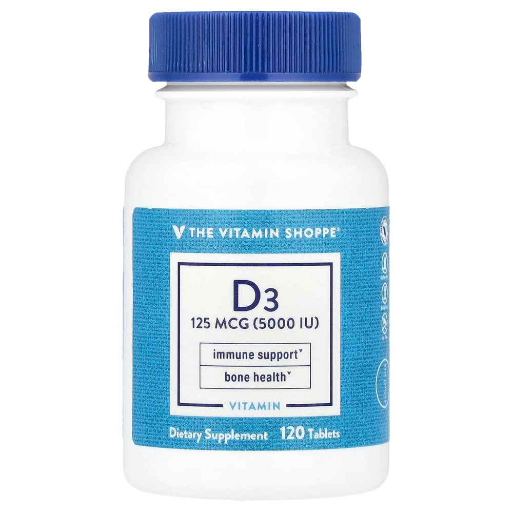 The Vitamin Shoppe, Витамин D3, 125 мкг (5000 МЕ), 120 таблеток