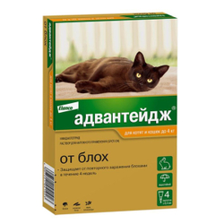 Капли на холку от блох для котят и кошек до 4 кг, а так же декоративных кроликов Адвантейдж ( Elanco ), 4 пипетки Имидаклоприд