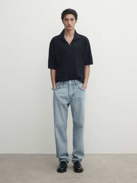 Massimo Dutti Поло из хлопка и льна в рубчик, темно-синий