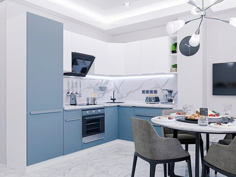 Угловая модульная кухня Фьюжн-04 Silky Blue/Silky White - Белый 2140*2500/1800*600