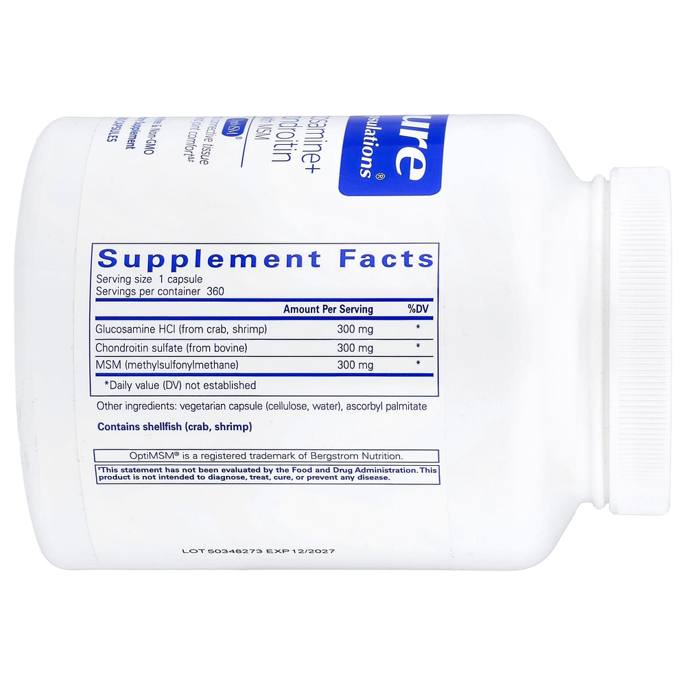 Pure Encapsulations, глюкозамин, хондроитин и МСМ, 360 капсул