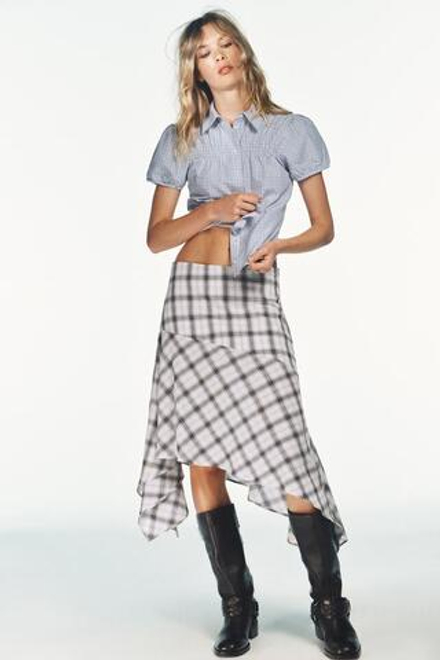 ZARA ЮБКА В КЛЕТКУ АСИММЕТРИЧНОГО КРОЯ, ЭКРЮ/СИНИЙ