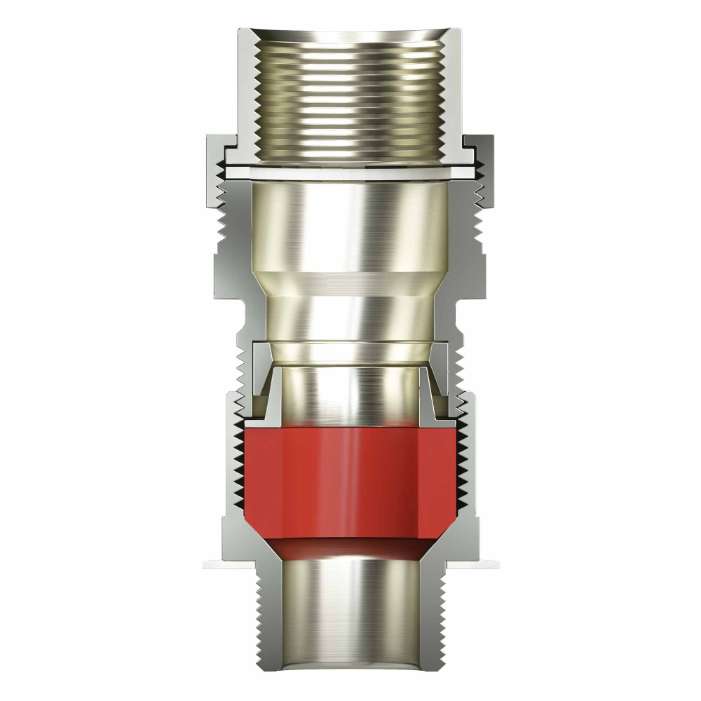 Взрывозащищенный универсальный кабельный ввод серии КАЕС для бронированного и небронированного кабеля М90х2 d:62,8-71мм. Присоединительная резьба М90х2. Никелированная латунь IP66/IP68