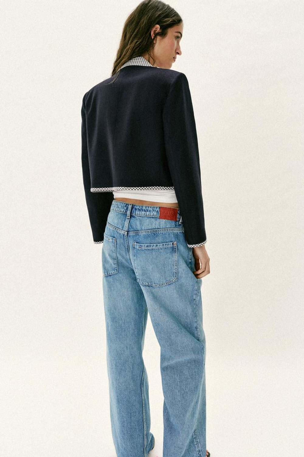 ZARA УКОРОЧЕННЫЙ БЛЕЙЗЕР В КЛЕТКУ ВИШИ, МОРСКОЙ СИНИЙ