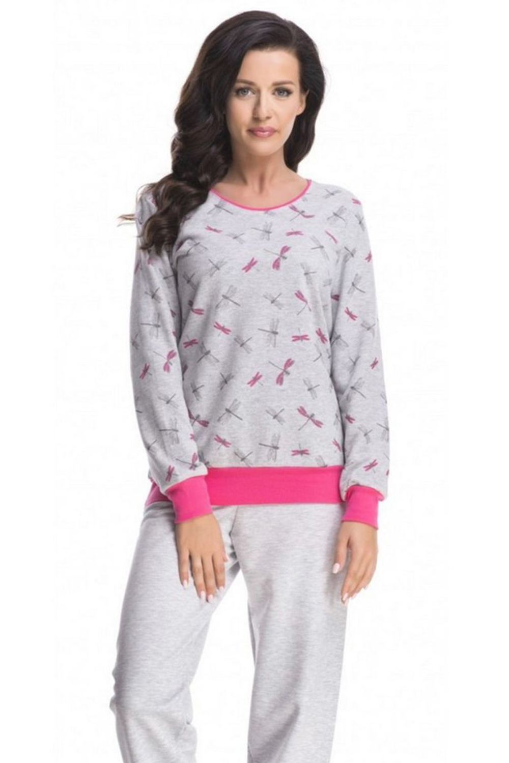 Уютная пижама с яркой оторочкой на кофте и мелким узором (Размер: M) (Цвет: серый с розовым)