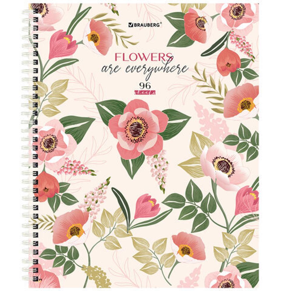 Тетрадь А5 96 л. BRAUBERG, гребень, клетка, твёрдая обложка, "Flowers", 404444, 4шт