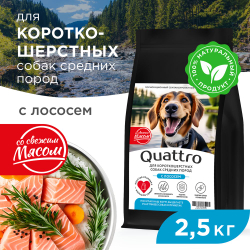 Корм сухой для взрослых собак средних пород, премиум полнорационный комплекс, для короткошерстных собак, с лососем, 2,5 кг, QUATTRO