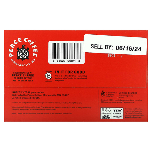 Peace Coffee, Organic Tree Hugger, темная обжарка, 12 стручков по 9,25 г (0,32 унции)