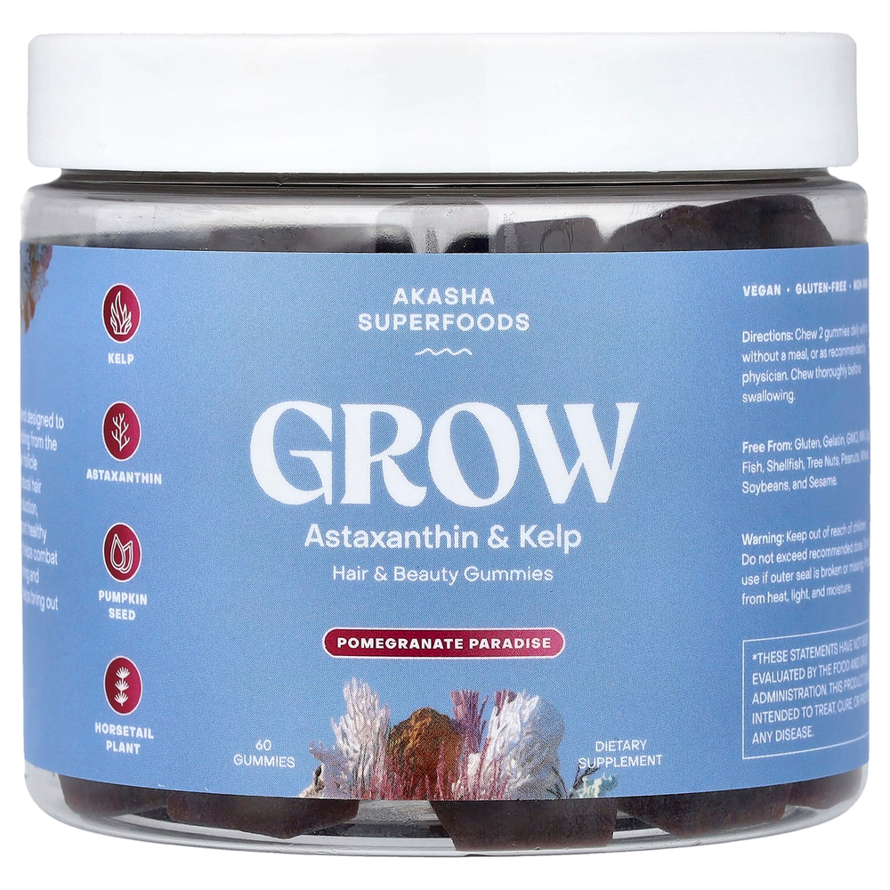 Akasha Superfoods, Grow, жевательные таблетки для волос и красоты, со вкусом граната, 60 жевательных таблеток