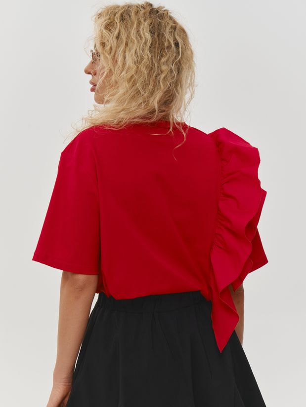 Футболка с воланом , красная