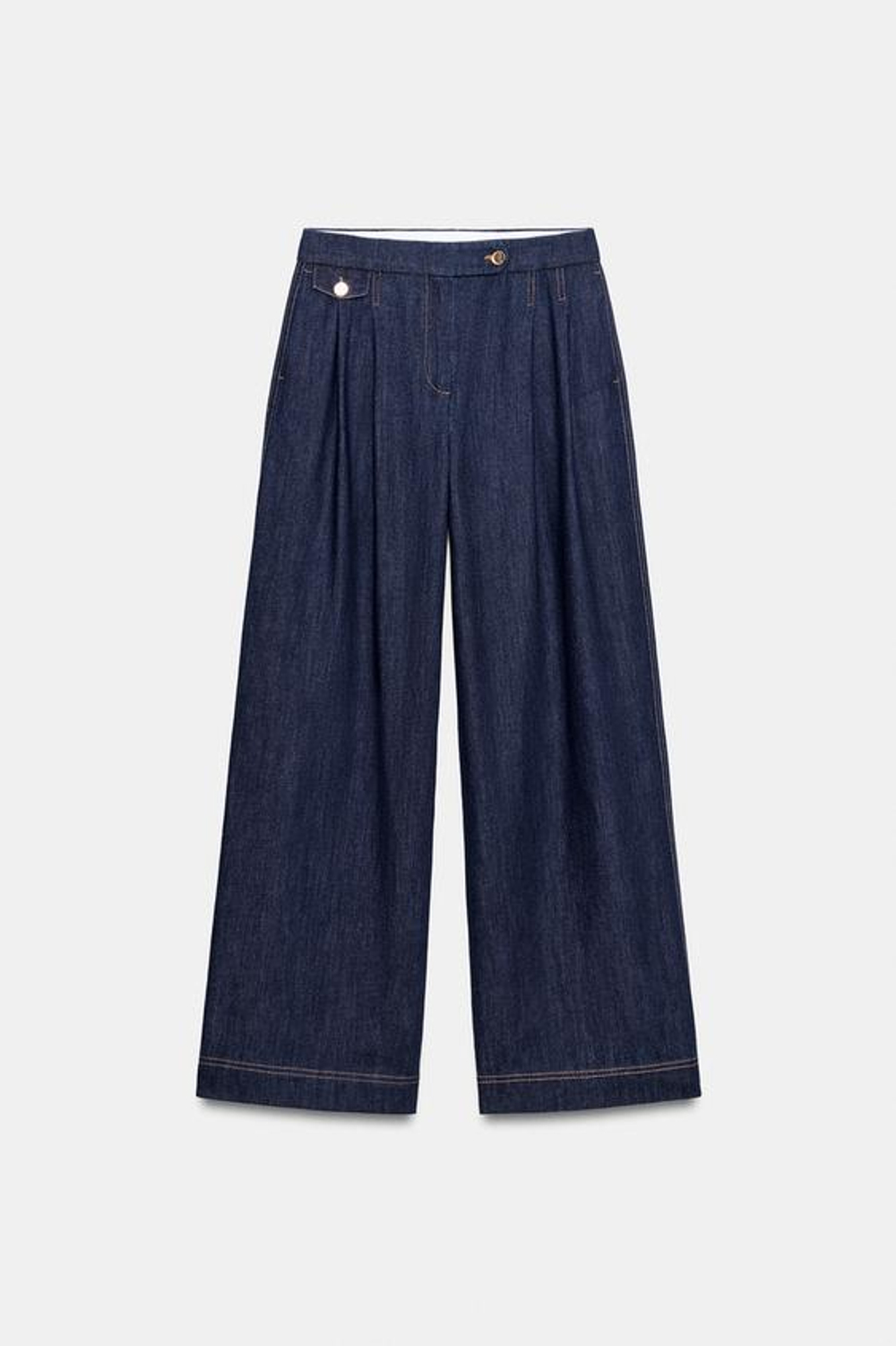 ZARA ШИРОКИЕ БРЮКИ С ЗАЩИПАМИ, СИНИЙ