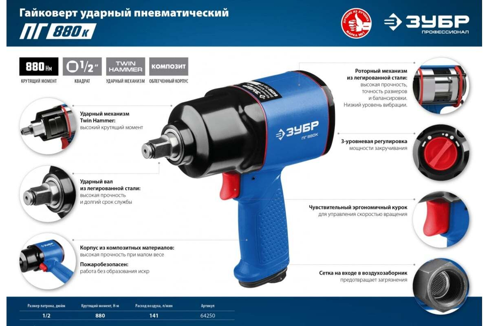 Ударный пневматический гайковерт ЗУБР ПГ-880к 1/2", 880 Нм 64250