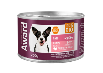 Влажный корм AWARD для щенков от 1 месяца паштет из индейки с грушей