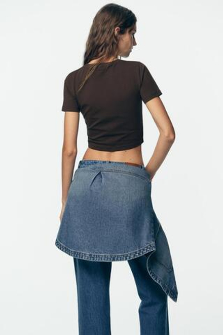 ZARA УКОРОЧЕННАЯ ФУТБОЛКА ИЗ ЭЛАСТИЧНОЙ ТКАНИ, ШОКОЛАДНЫЙ