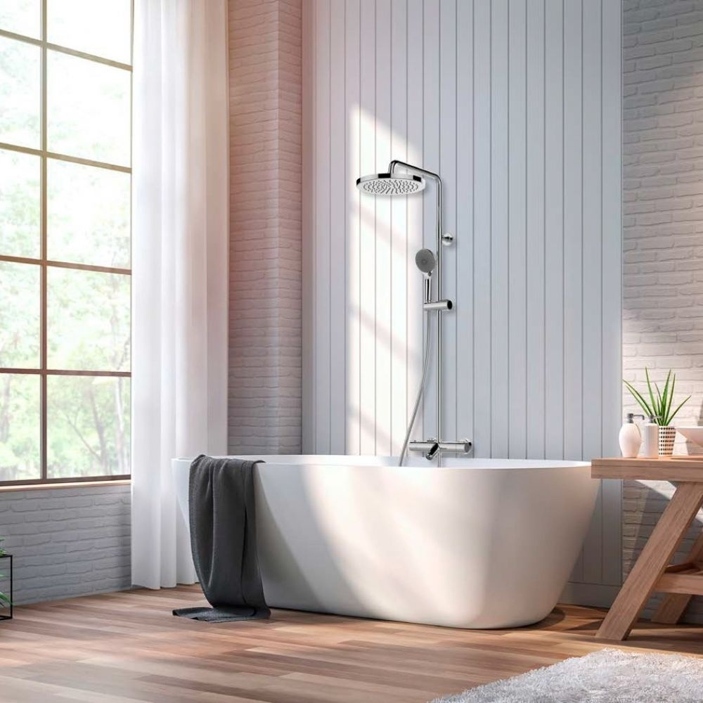 Bossini ABS Elios душевая система: термостат с изливом, стойка с верхним поворотным душем Ø 250 мм, с ручным душем, цвет хром