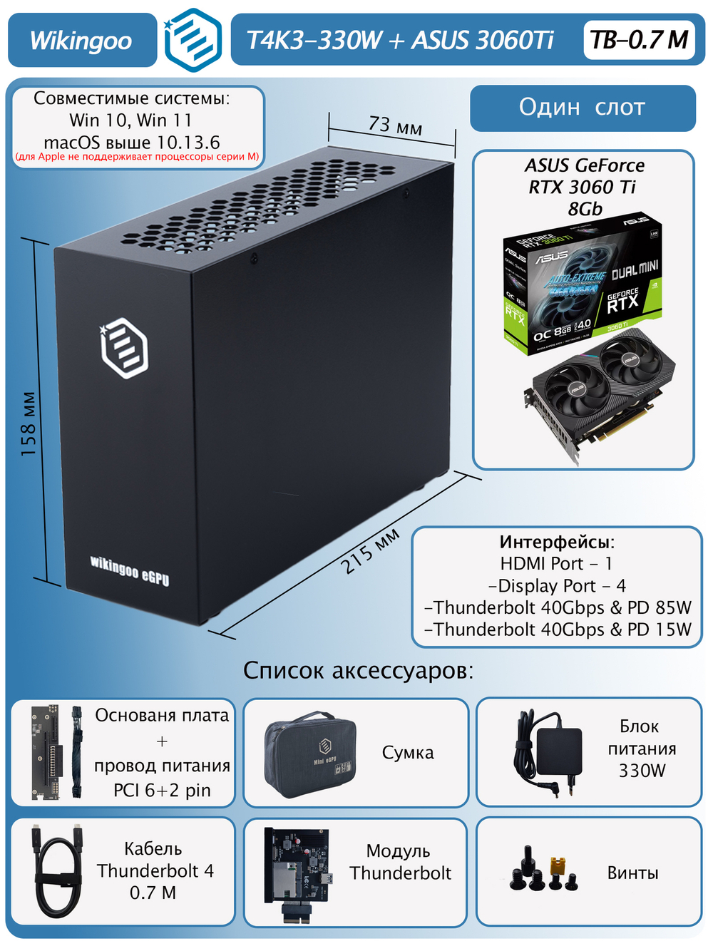 Внешняя видеокарта EGPU Wikingoo T4K3, ASUS 3060Ti 8Gb. Thunderbolt 3/4.