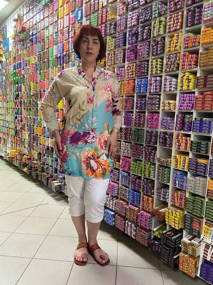 Блузка-туника "Пионы, вербена" цвет бежевый с голубым материал Хлопок 100% размер 48 M