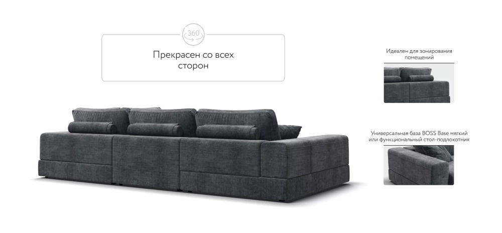 П-образный модульный диван-кровать Босс Модуль правый с мягкими подлокотниками, шенилл Глосс карбон
